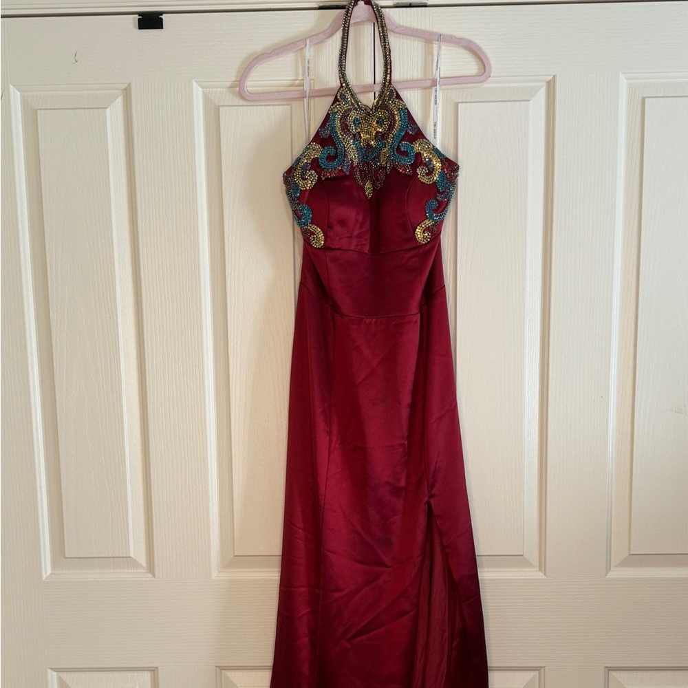 Burgundy satin sherri hill evening gown